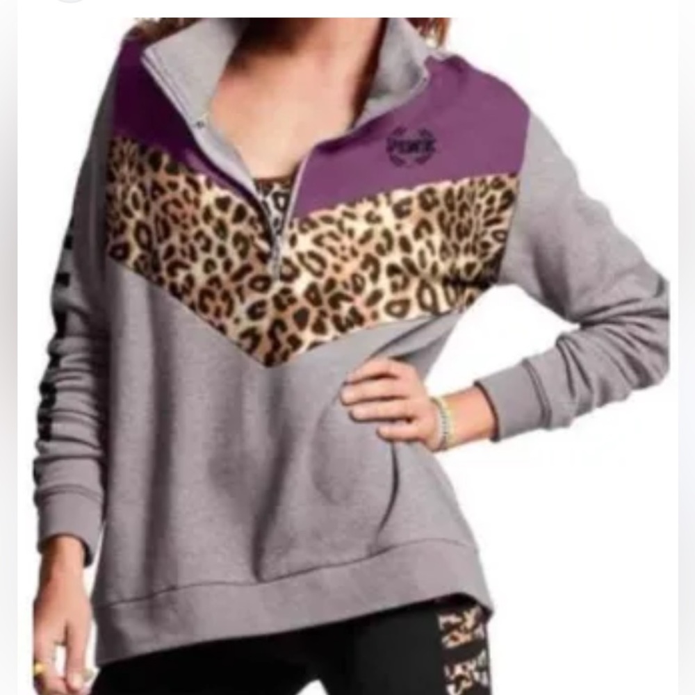 VS PINK VS Leopard Qtr Zip Pullover Women medium gray purple leopard cotton poly